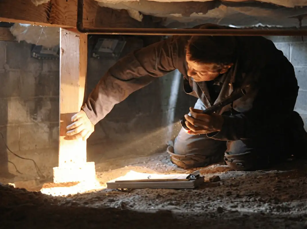 A professional inspecting wooden beams under the floor of a structure in Birmingham, AL
